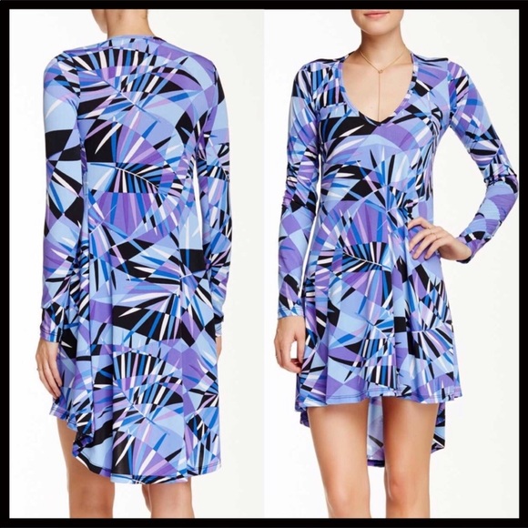 V-NECK A-LINE KNIT MINI DRESS LONG SLEEVES BOHO FESTIVAL PRINT FLOWY TUNIC A2C - Picture 5 of 8